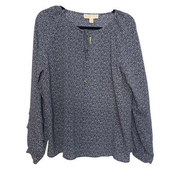 Michael Kors Floral Long Sleeve Blouse,Tie front,MK Logo on Drawstring,SZ L, NWT - Picture 3 of 6
